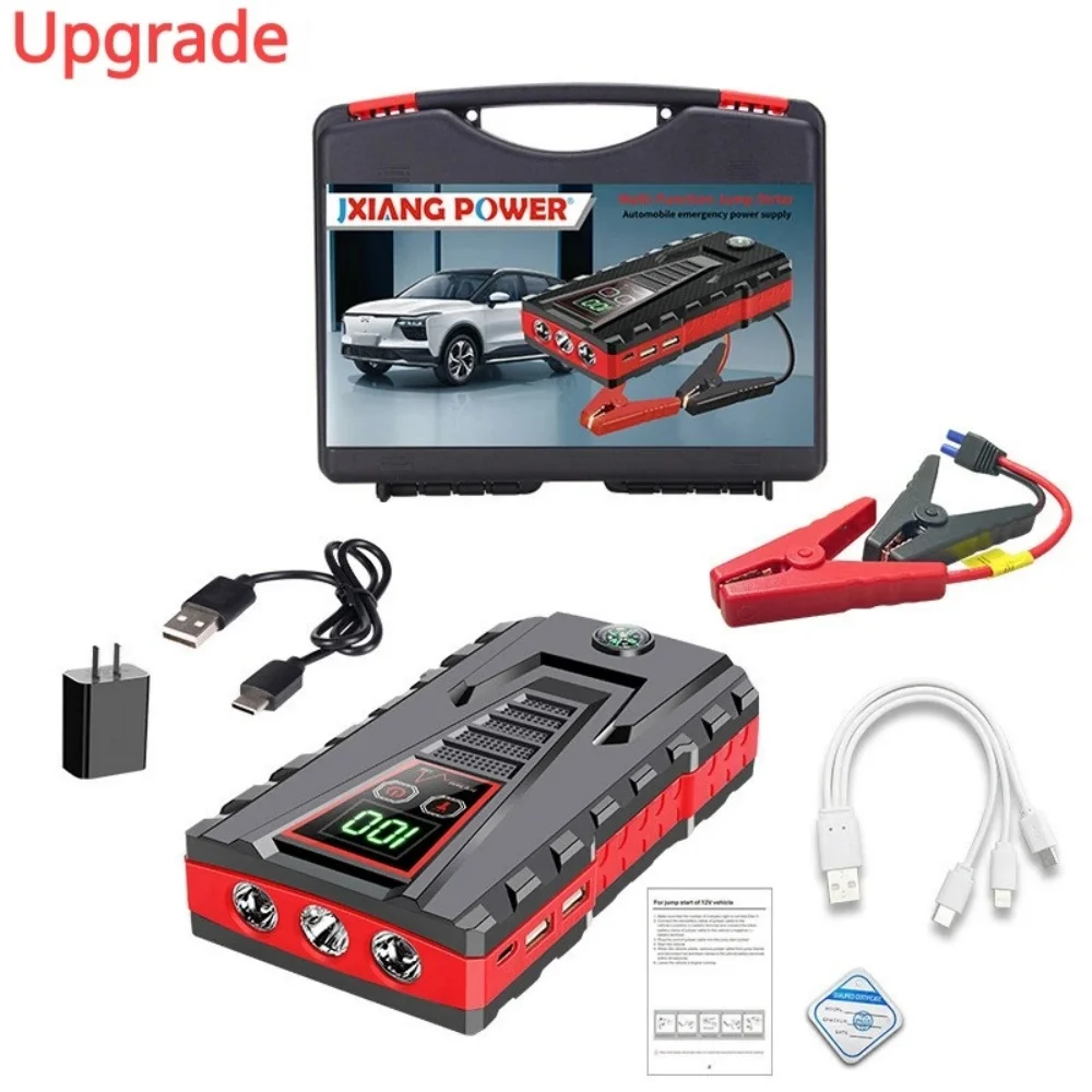Avviatore di emergenza portatile 12V con funzione power bank, avviatore automatico, caricabatterie per auto, avviatore di emergenza per motori a benzina e diesel, potente torcia a LED, funzione power