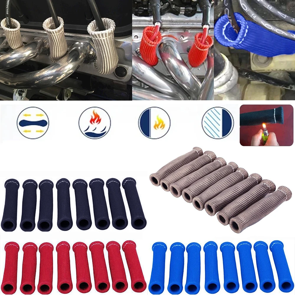 8PCS Sleeve Heat Shield Cover 2500 Degree Spark Plug Wire Boots Protector Spark Plug Cable Heat Insulation Wrap Titanium Fiber