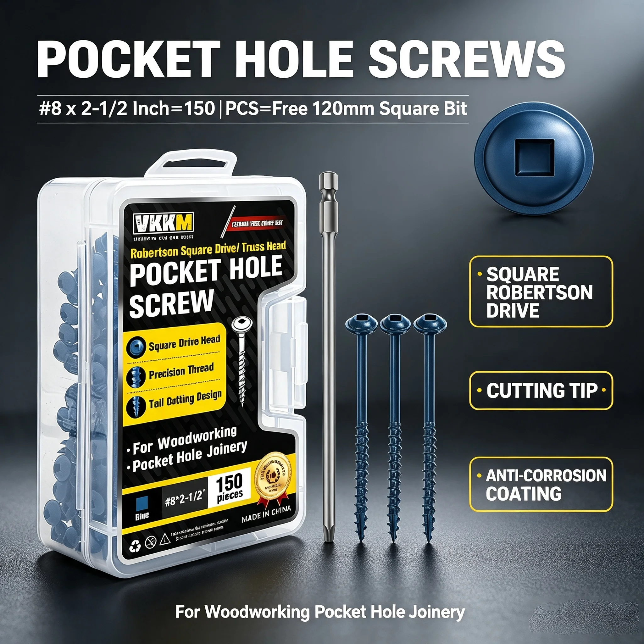 VKKM Pocket Hole Screws #8 X 2-1/2 Inch, Robertson Square Drive Truss Head Blue Wood Self Tapping Screws, 150 PCS Anti-Corrosion Fasteners with 120mm Square Drive Bit for Cabinet Shelf DIY Woodworking Pocket Hole Joinery