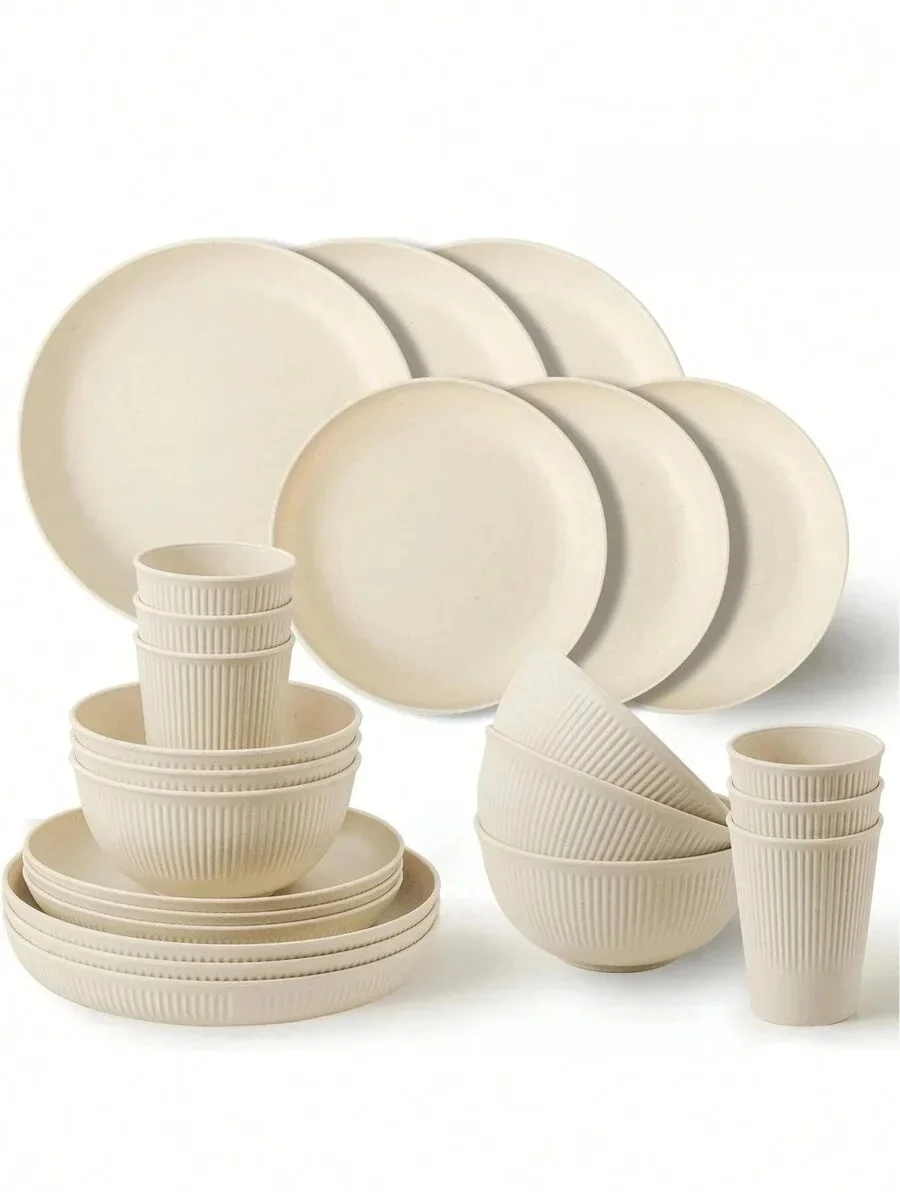 Service de vaisselle en plastique 4/16/24 pièces, ensemble de tasses, assiettes et bols réutilisables, adapté au camping-car, au Camping, au pique-nique, au dortoir, Beige