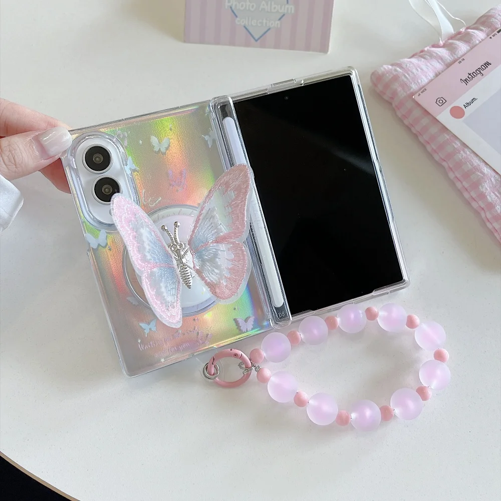 Korea Ins Laser Gradient Butterfly Phone Case For Samsung Galaxy Z Fold 8 Cover With Magsafe Stand Fashion Sweet Anti-Fall Cases