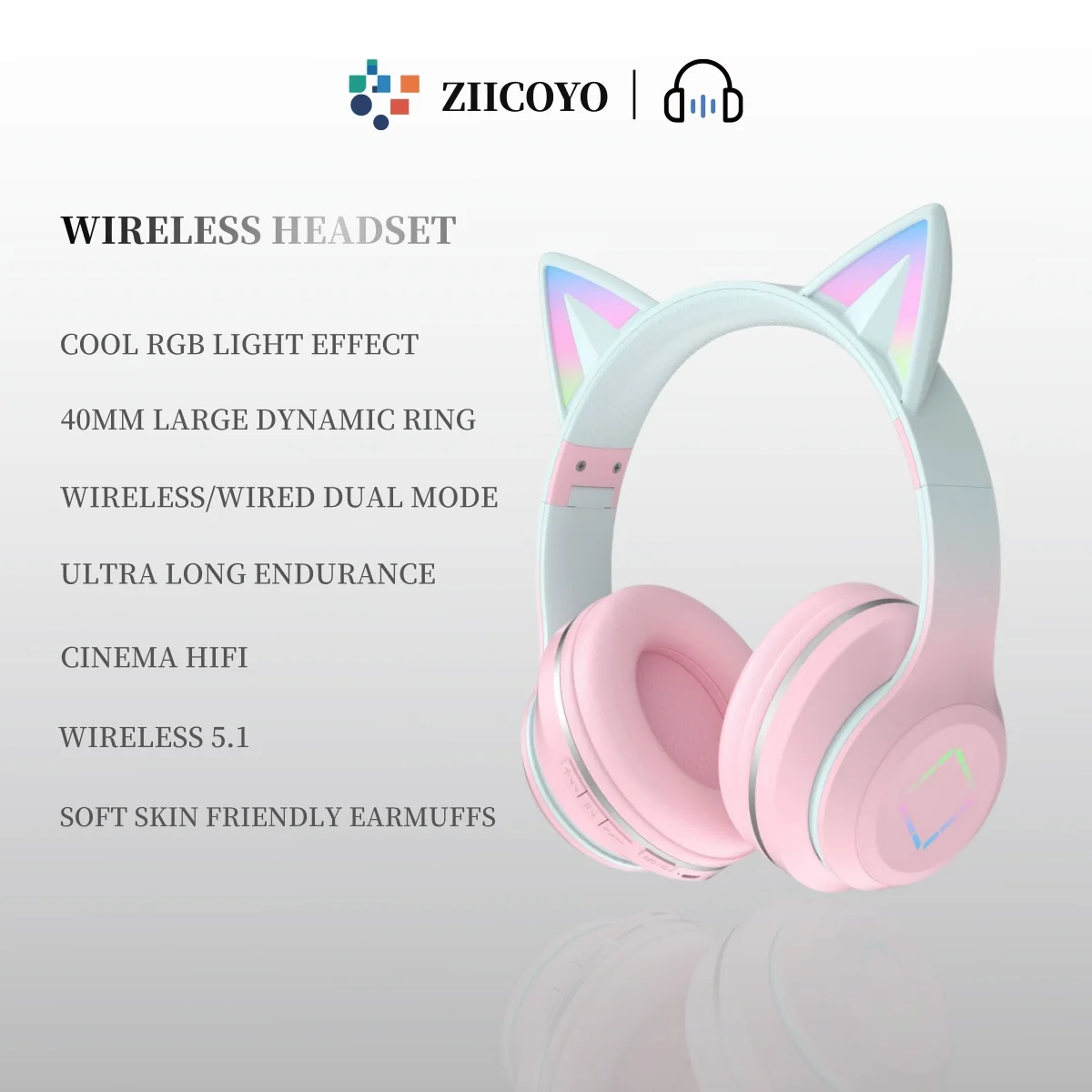 

ZIICOYO Cartoon cute style children's Bluetooth headset wireless music gradient color LED light cat ears with microphone