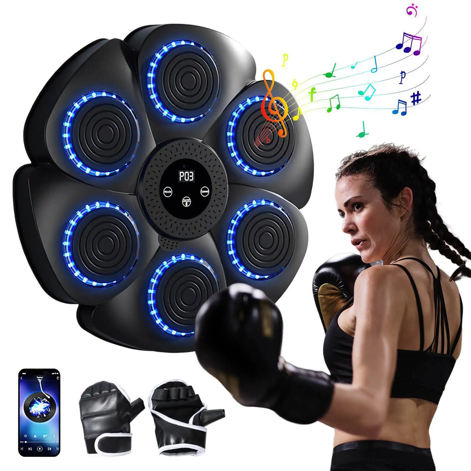 Guantes inteligentes para máquina de boxeo con música Bluetooth, 9 modos y entrenamiento de 9 velocidades, contador automático de golpes que cambia de Color, gimnasio en casa/oficina, adultos y niños