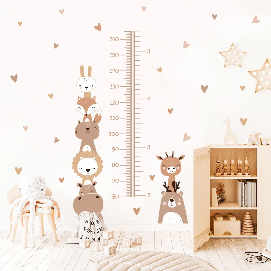 Regla de Medición de Altura para Bebés con Diseño Boho de León Sonriente, Animales y Corazones, Vinilos Decorativos para Cuarto Infantil, Decoración