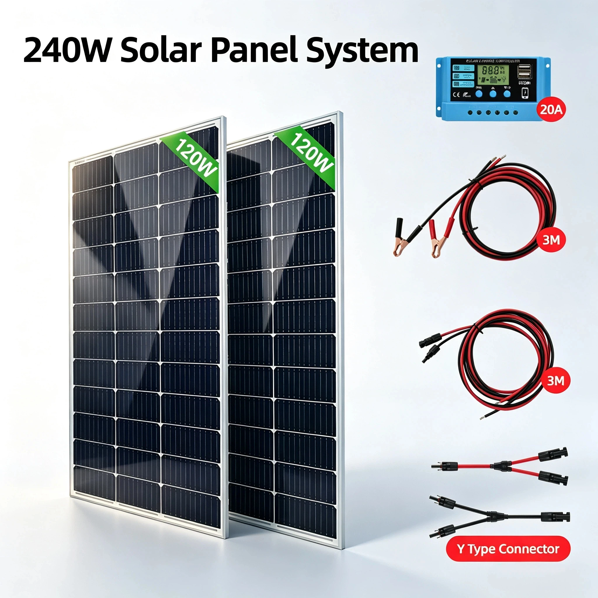 240-W-Solarpanel-System-Kits, 2 Stück 120-W-Solarpanel aus gehärtetem Glas, 18-V-Photovoltaik-PV-Module, effizient, wasserdicht, langlebig für Batterien, im Freien, Hausdach, Wohnmobil, Boot, Camping