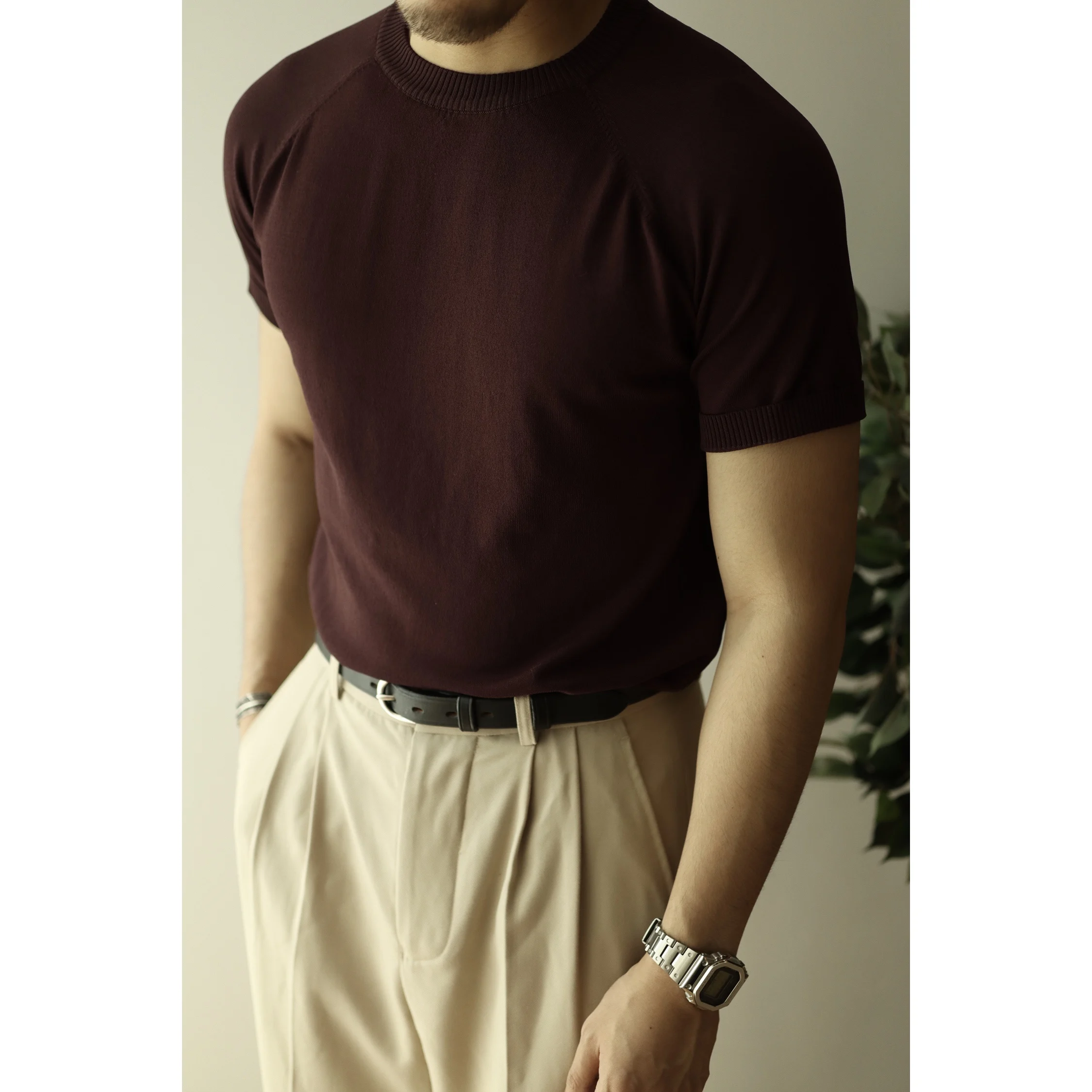 Men's Knit T-shirt Short Sleeves Crew Neck Light and Breathable Comfort Vintage Shirt for Male Summer Basic Streetwear OOTD