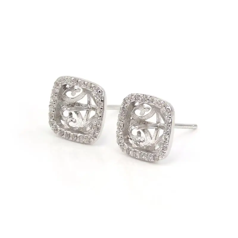 

925 Sterling Silver Square Paved Stud Earrings for Semi-Pierced 11mm - Cubic Zirconia & Rhodium-Plated Sterling Silver x 2pcs