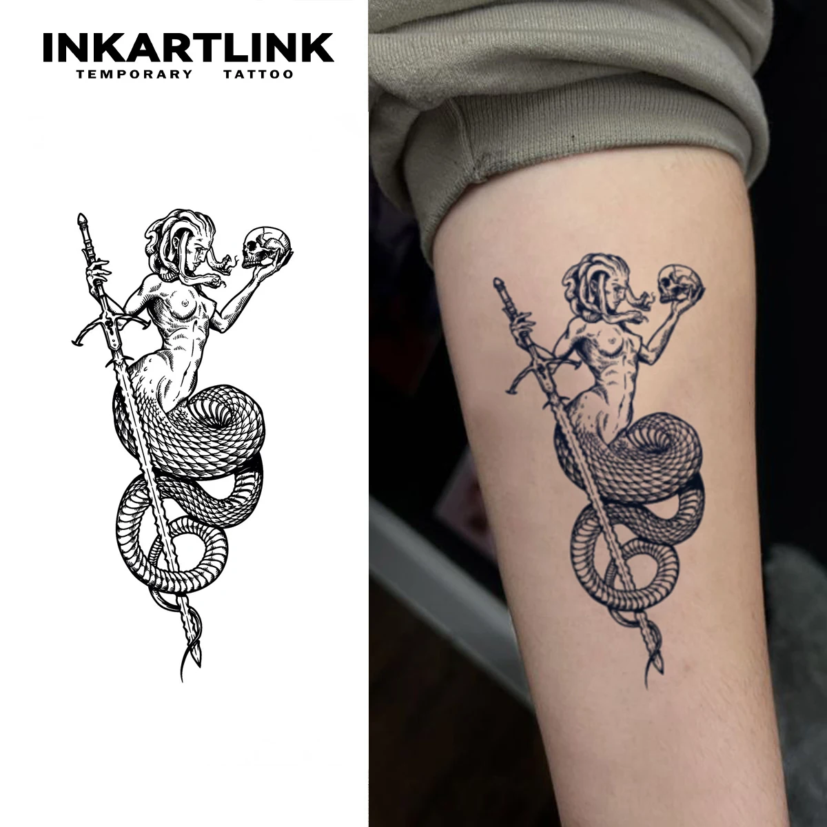 

Временная татуировка с черепом и змеиным хвостом, меньше до 15 дней, новая технология, волшебная водонепроницаемая полуперманентная наклейка