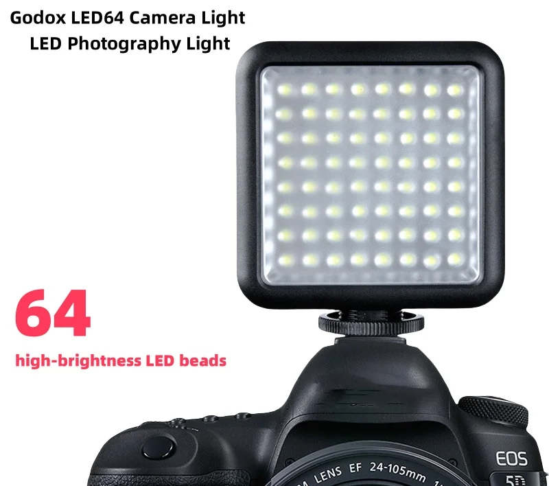 Godox 64-LED Video Light Camera Hot Shoe Fill Light Adjustable Brightness & Color Temperature for Vlog Live Streaming Photograph