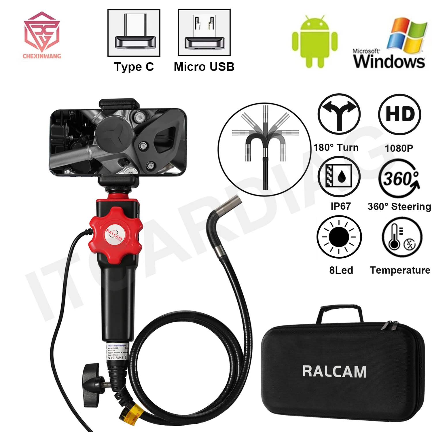 8 LED Industrial Handheld Borescope Endoscope Camera 1080P with Type C 8.5MM 180 Degree Steering Car Inspection for Android WIN