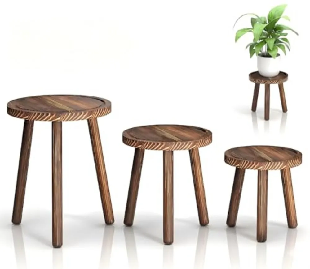 3-Pack Wood Plant Stands Indoor, Single Plant Stand for 6-12 Inch Pots, Mid-Century Modern Plant Stool, Tall Plant Stand for Large Plants Perfect Fit for Living Room, Balcony, Office
