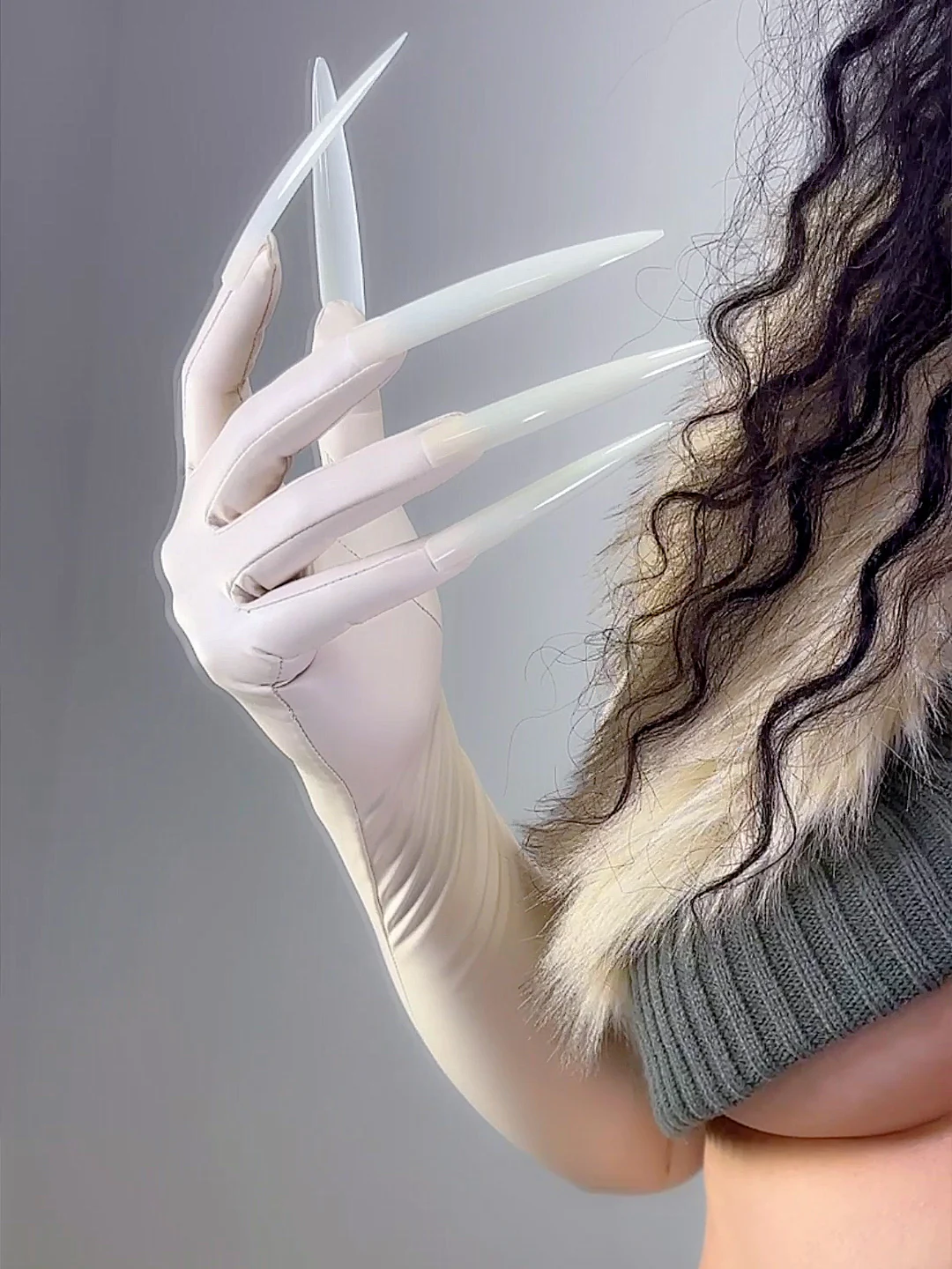 

Off White Long Latex Gloves with Nails 70CM TECH Extra Thin Stretchy Faux PU Leather Rubber Nail Gloves Cosplay Costume Party