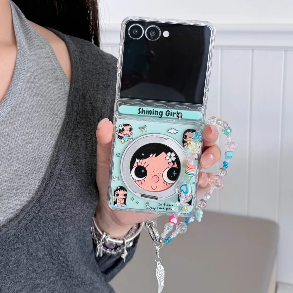 Kawaii Cartoon Girl Yuyu Magnetic Phone Case for Samsung Galaxy Z Flip8 Z Flip7 Z Flip6 with MagSafe Holder Cute Anti-Fall Cover