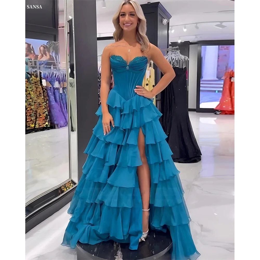 Sansa Customized Peacock Blue Side Split A-line Tiered Ruffle Prom Dress Sleeveless Vestidos De Noche Floor-Length Evening 2025