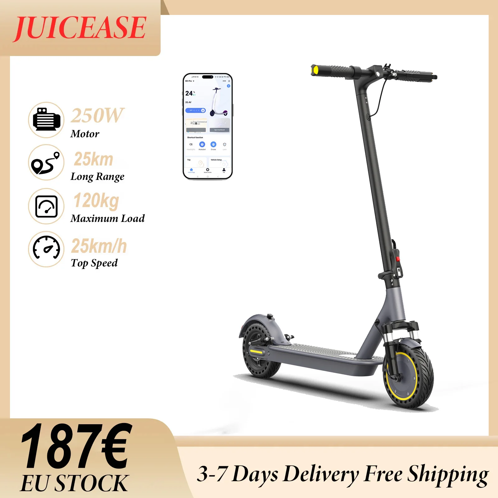 Monopattino elettrico JUICEASE, autonomia di 25 km, capacità di carico massima di 120 kg, monopattino elettrico pieghevole con controllo tramite app, freni a doppio disco, adatto agli adulti.