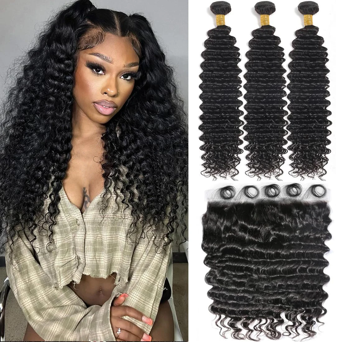 Curly Deep Wave Human Hair 3 Bundles With 13X4 Frontal Closure Deals 100% Human Hair Weaving Curly Hair 3 4 Bundles With Frontal