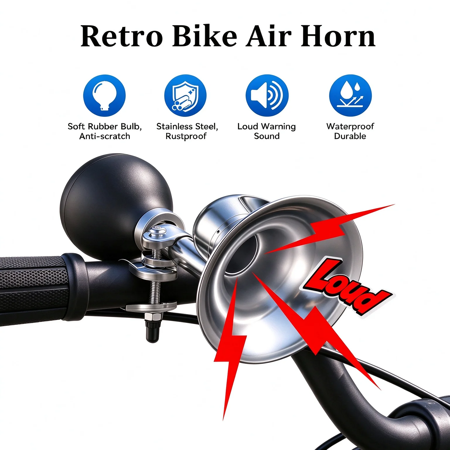 Retro Bike Air Horn Loud Sound Metal Bicycle Bell Vintage Stainless Steel Waterproof Warning Horn Adjustable Clamp for MTB Scooter E-bike Golf Cart 18-22mm Handlebar