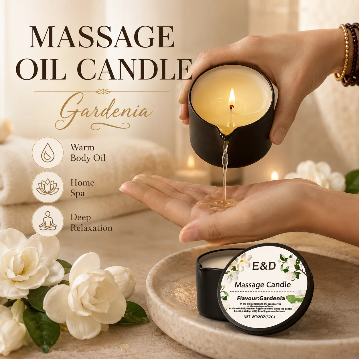 Massage Candle Melting - เทียนนวดตัวกลิ่นดอกพุด 2 ออนซ์, เทียนนวดตัวละลายเป็นน้ำมันบำรุงผิวอุ่นๆ, ของขวัญสปาในบ้านเพื่อการบำรุงผิวและอโรมาเธอราพีสำหรับเธอ