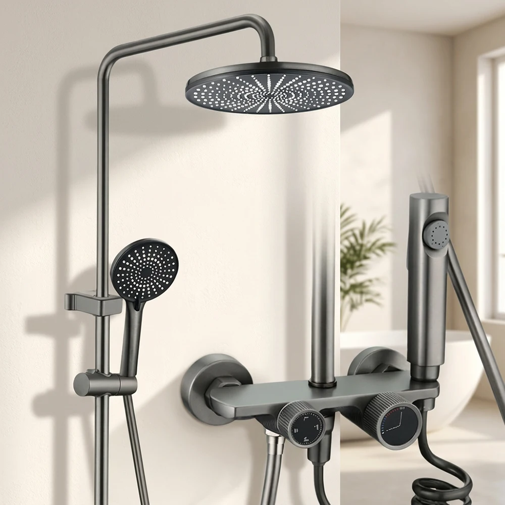 Gun Gray Bathroom Shower Set Brass Valve 4-Mode Wall Mount Faucet 250mm Rain Shower Head Handheld Bidet Spray Gun Hot Cold Mixer