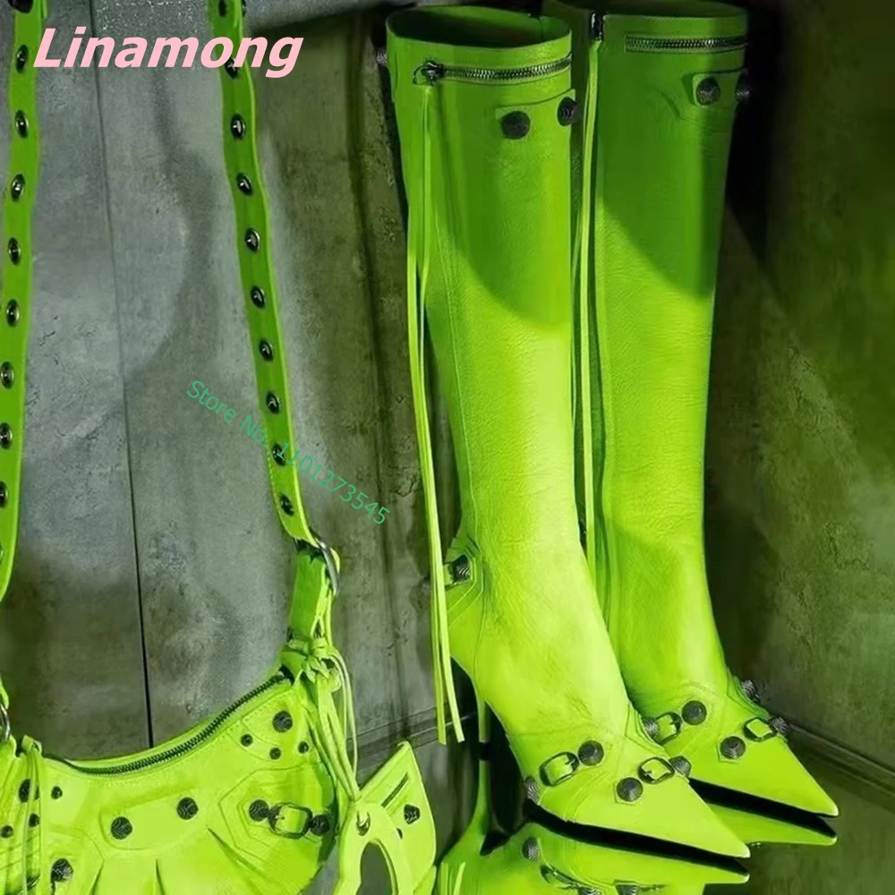 

Winter New Women Modern Boots Free Shipping Rivet Knee High Luxury Zipper Cool Pointed Toe Solid Thin High Heel Party Punk Shoes