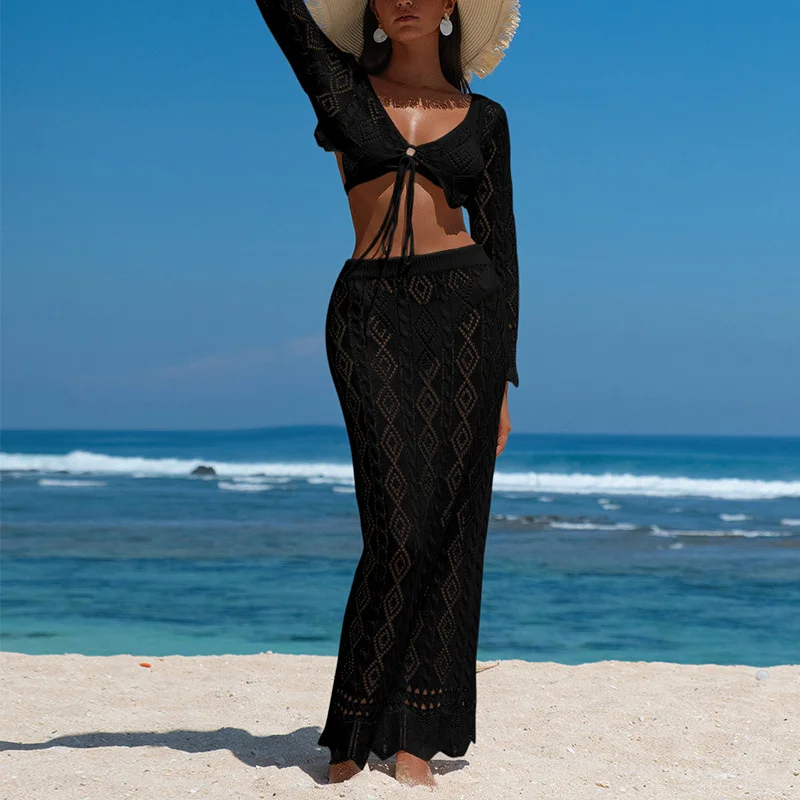 Women Long Sleeve Lace-Up Knit Dress 2PCS Crop Top Blouse and Skirt Sexy Summer Beach See-through Outfit Crochet Bikini Cover-Up