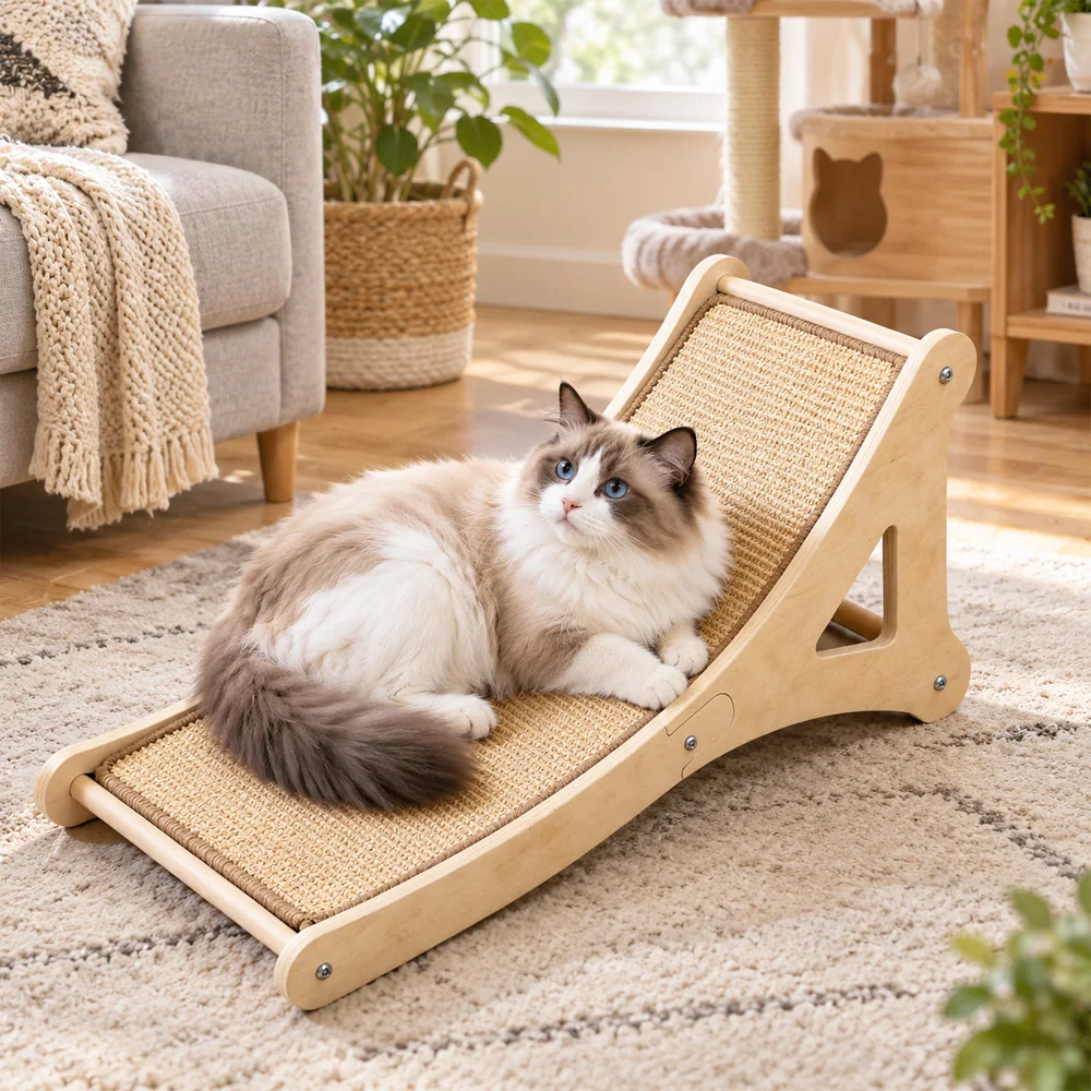 Angled Sisal Cat Scratcher with Wooden Frame Vertical Incline Cat Scratching Board Hanging Feather Teaser Toy for Indoor Cats