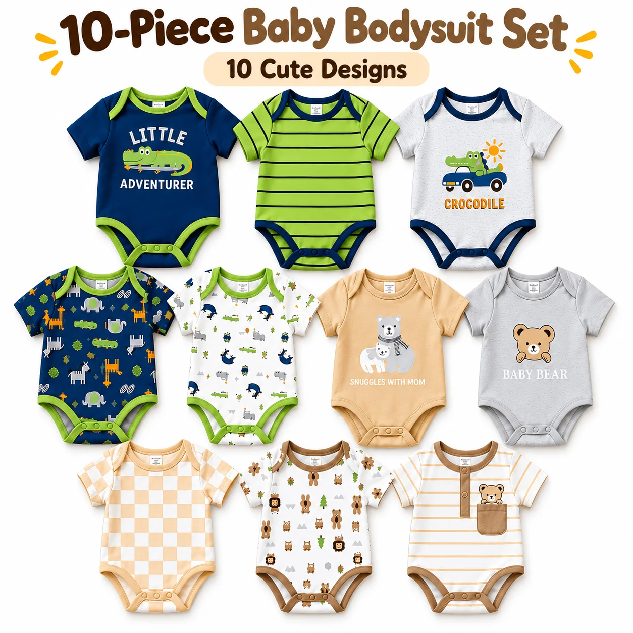 10Pcs Baby Bodysuit Set 0-12M Short Sleeve Infant Rompers Cute Animal Print Newborn Baby Clothes Everyday Outfits