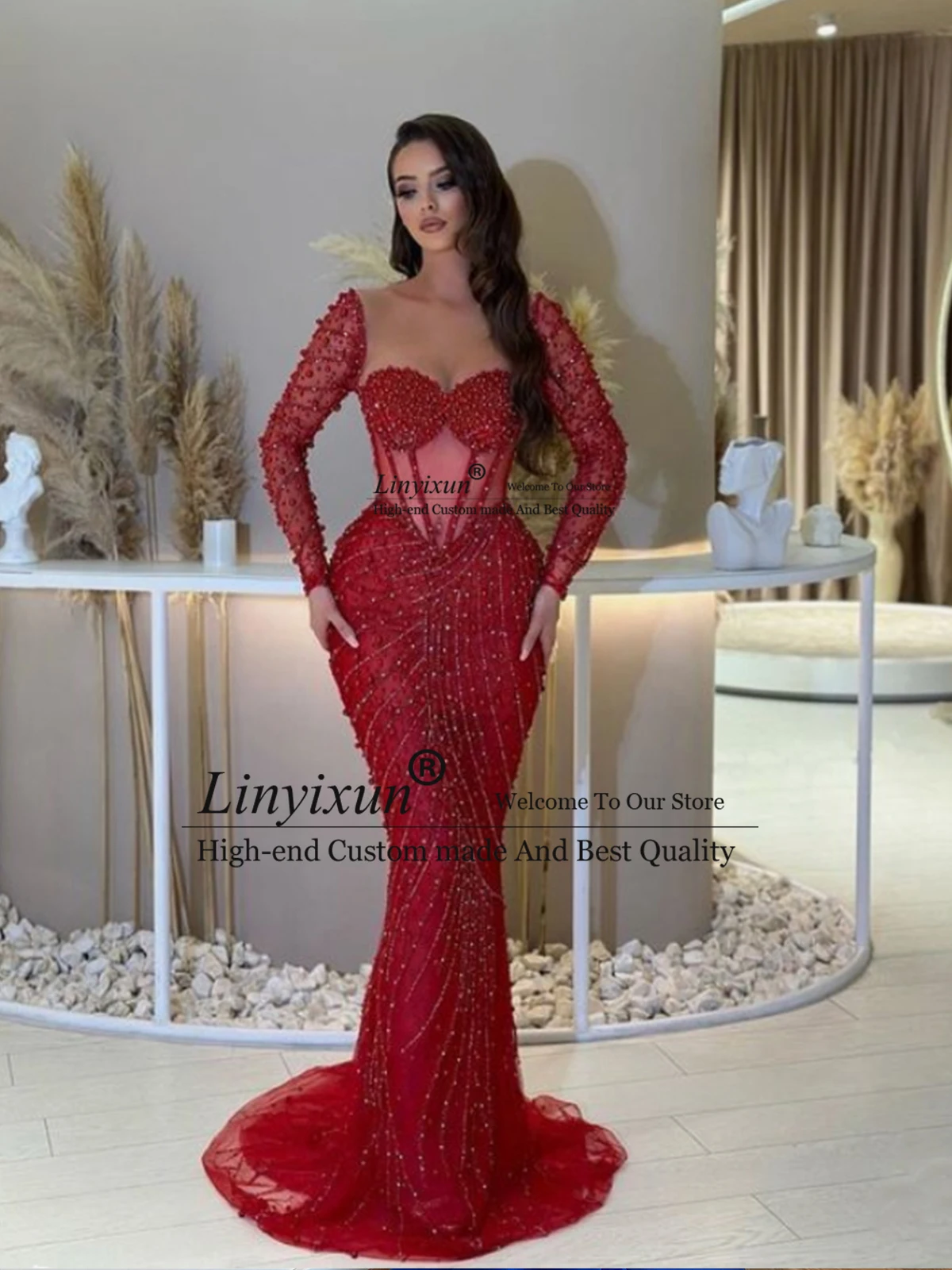 Red Sequins Prom Dresses Sparkling Lace Beaded See Through Mermaid Evening Gowns African Women Formal Occasion Party Dress