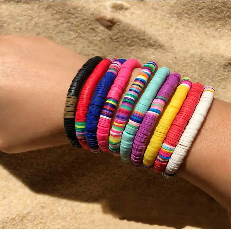 12Pcs/set Surfer Polymer clay String Stretch Bracelet Elastic Layered Friendship Bracelet Bohemian Summer Beach Jewelry