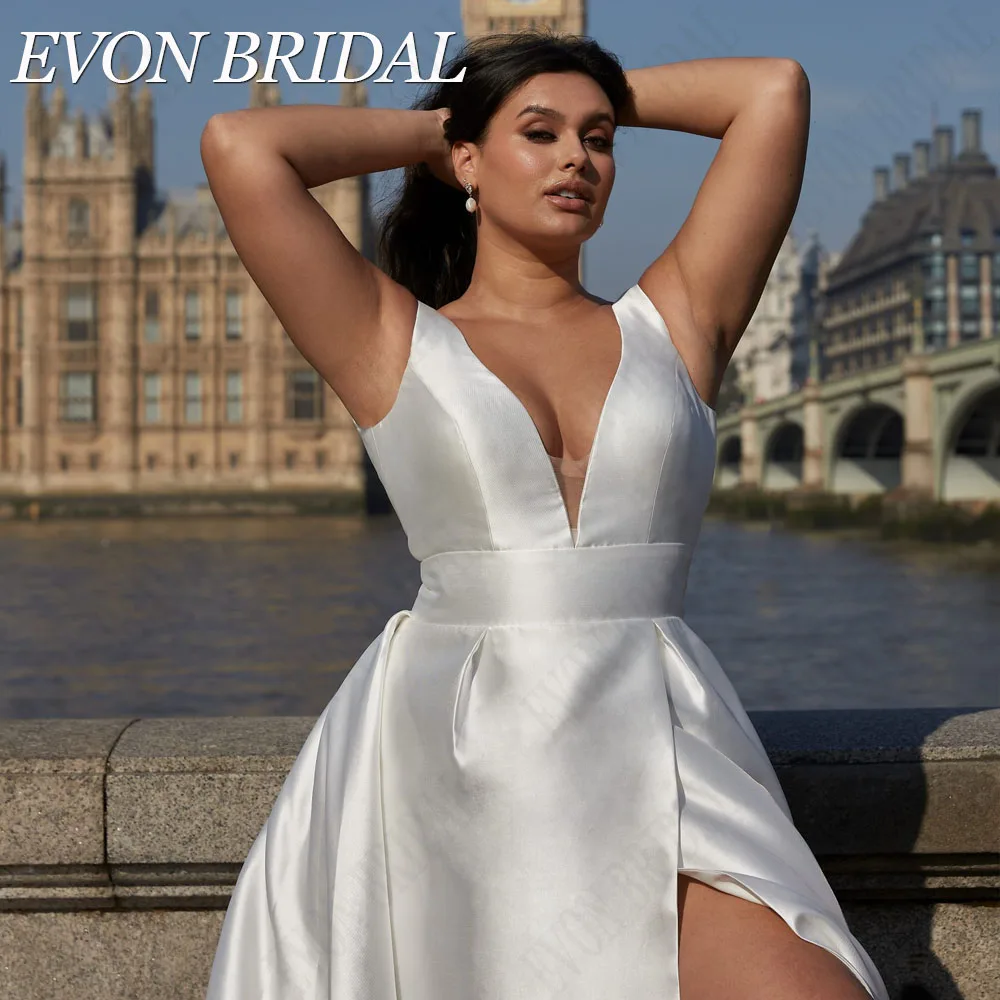 EVON BRIDAL Elegant Plus Size Wedding Dress Sleeveless Side Split A-Line Satin Deep V-Neck Bride Gowns Custom Made Bridal Dress