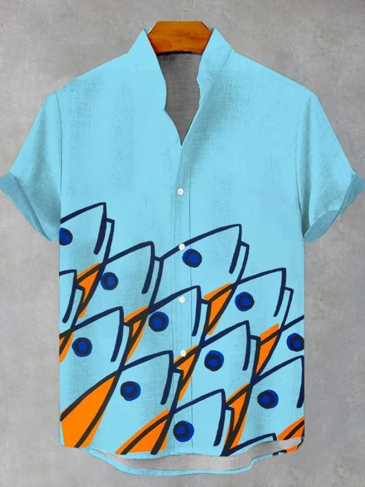 Новая мужская рубашка из льняной удобной ткани с короткими рукавами и принтом рыбы в стиле ретро в этническом стиле, быстрая доставка