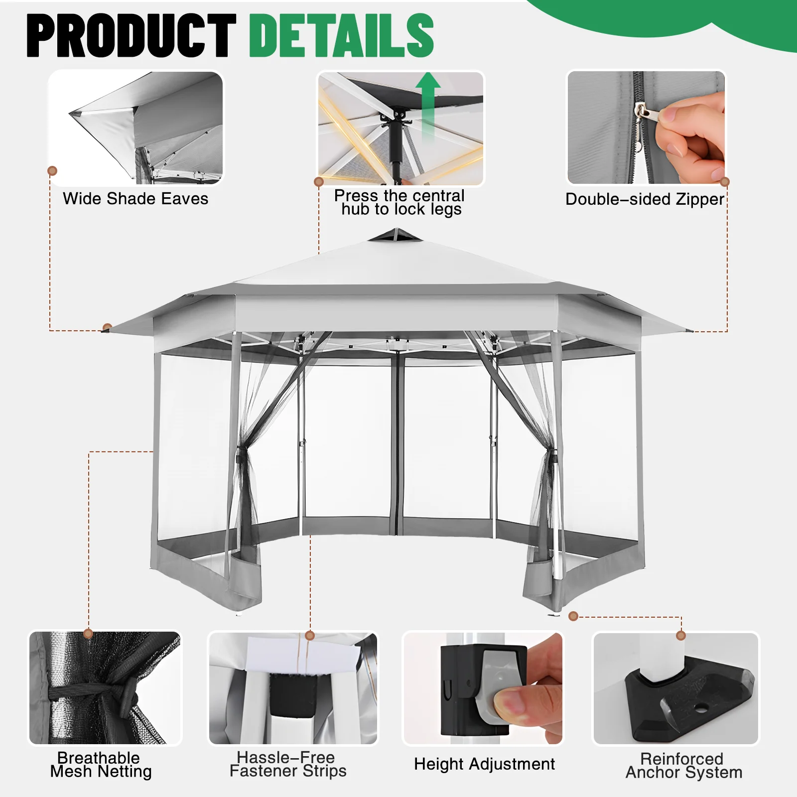 16x16FT Pop Up Gazebo Tent with Mosquito Netting, Gazebos on Clearance, Hexagonal Outdoor Canopy Shelter, Patented Center Lock 6-Sided Portable Gazebos, Pop Up Canopy Tent for Backyard