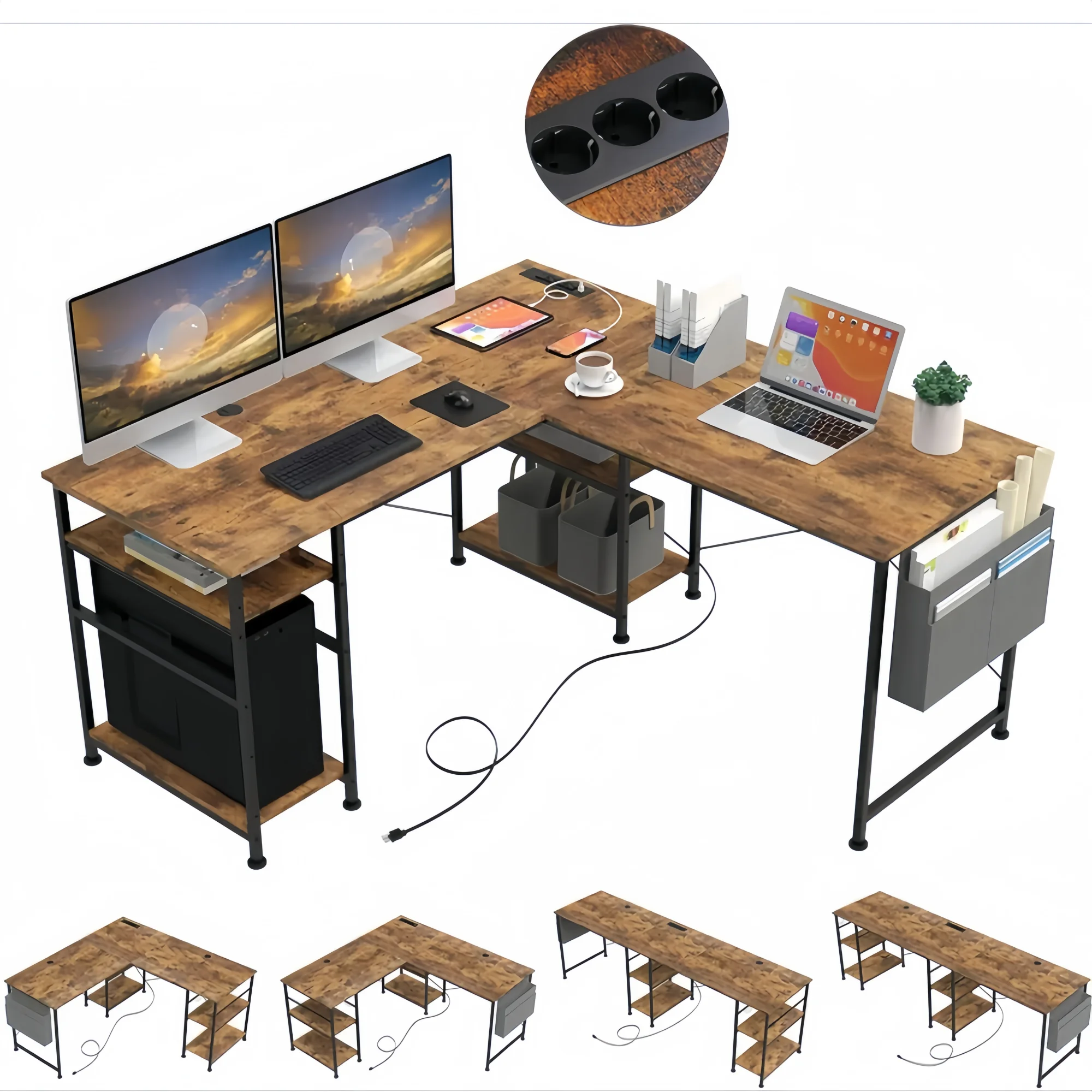 L-förmiger Computertisch mit Stauraum und verstellbarer Neigung, ideal für kleine Räume, modern, 140 x 140 x 74 cm, braun