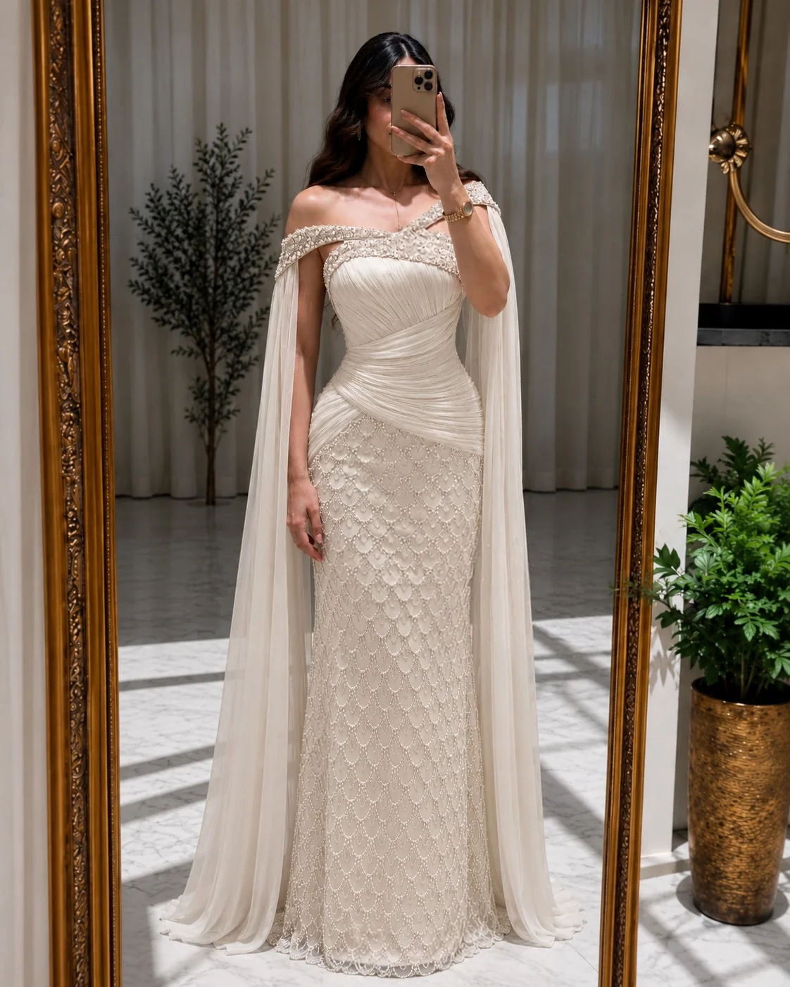 LumiGown 2026 Custom Ivory Off Shoulder Cape Mermaid Evening Gown Pleated Chiffon Scale Crystal Bead Formal Wedding Guest Gown