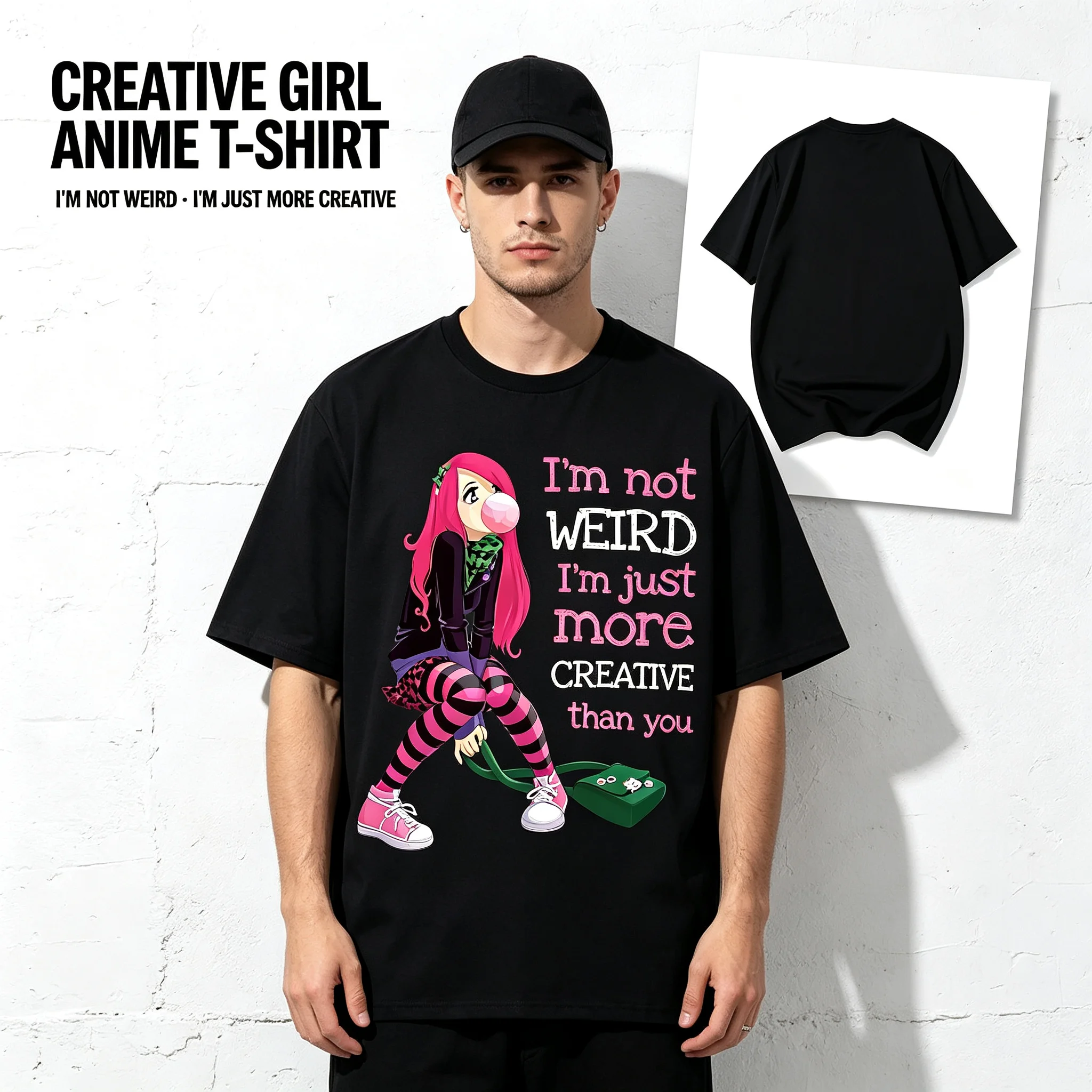 220g Kawaii Anime Goth Girl Graphic T-Shirt, Cute Anime Girl Print Casual Anime Clothing Kawaii Style Tee