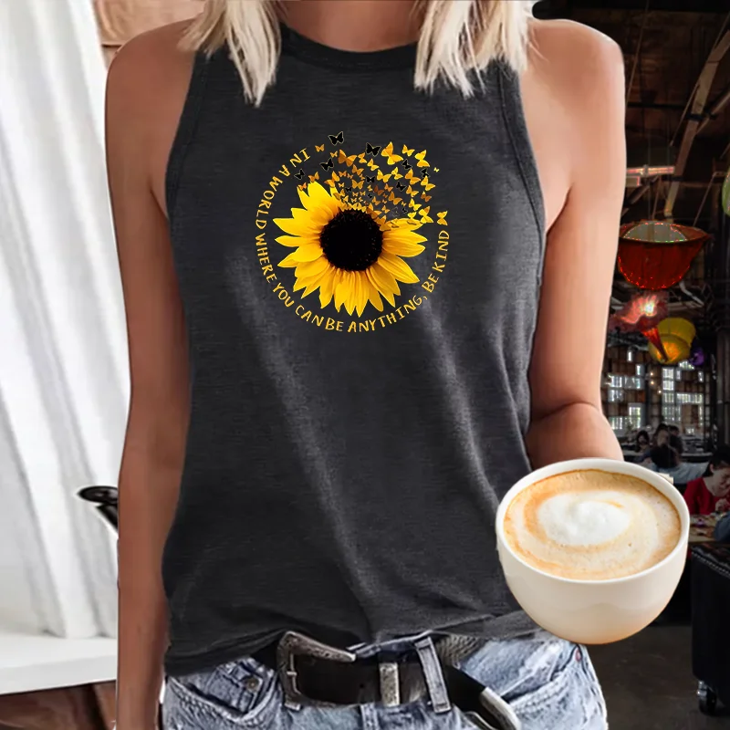 Sunflower Belief Butterfly Free Flight Fashion Women's Tank Top Loose O Neck Sleeveless Casual Tank Top For Clothing