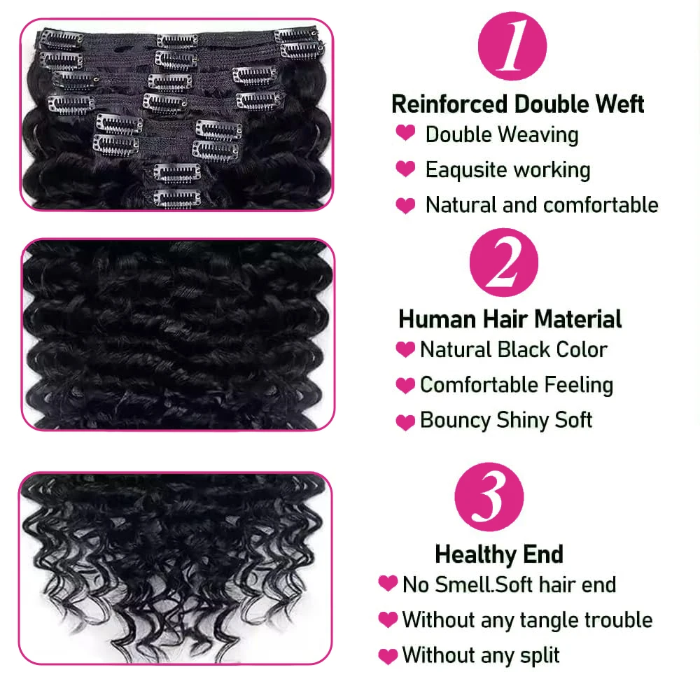 Curly Clip In Extension Human Hair Deep Curly Clip Ins Full Head For Women Brazilian Human Hair Natural Color 8Pcs With 18 Clips