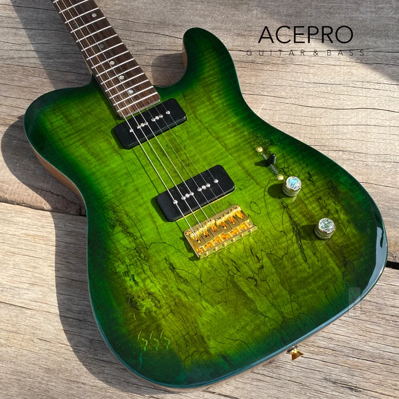 ACEPRO Electric Guitar, Green Burst Spalted Maple Top, Locking Tuners, Gold Hardware, P90 Pickups, Abalone Dots Inlays