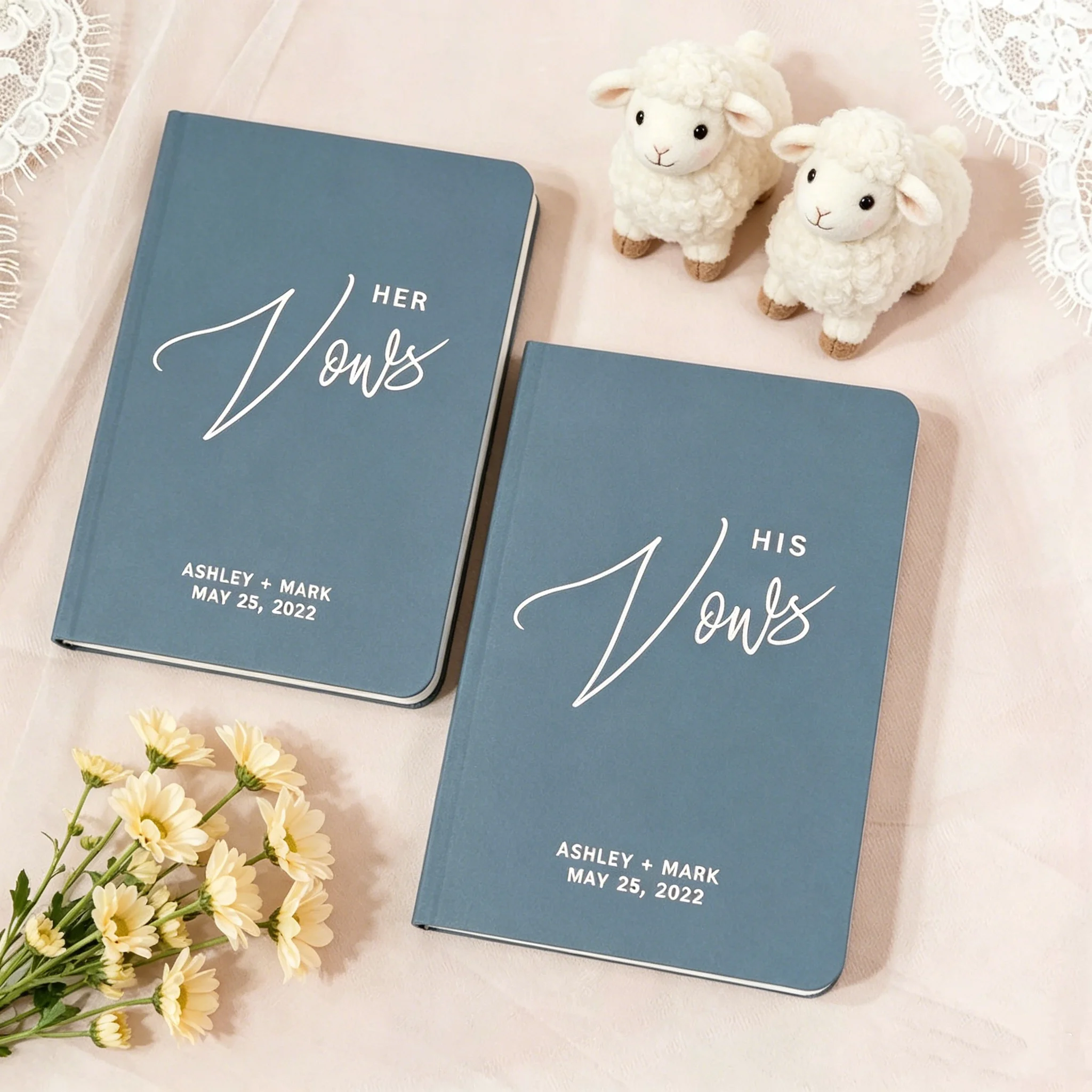

His & Hers Vow Booklets, Personalized Set of 2 Vow Books, Pastel Blue Wedding Keepsake Journals with Custom Colors