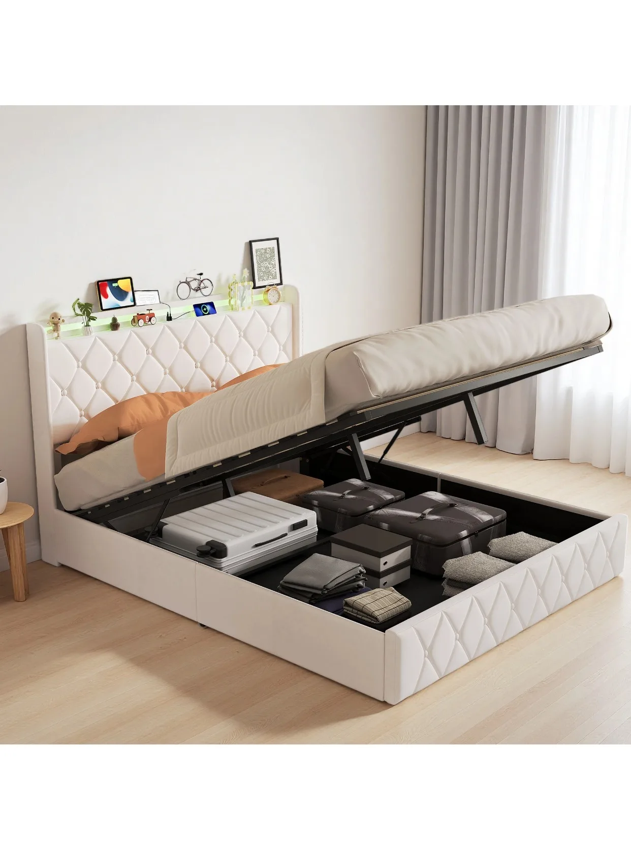 Anajqaqia, 140 x 200 cm Hydraulikbett, Doppelbett für kleine Schlafzimmer, großes Bett mit hohem Kopfteil, Bett mit viel Stauraum unter dem Bett, Stauraumbett, Bettgestell für Zuhause und B&B, Samt,