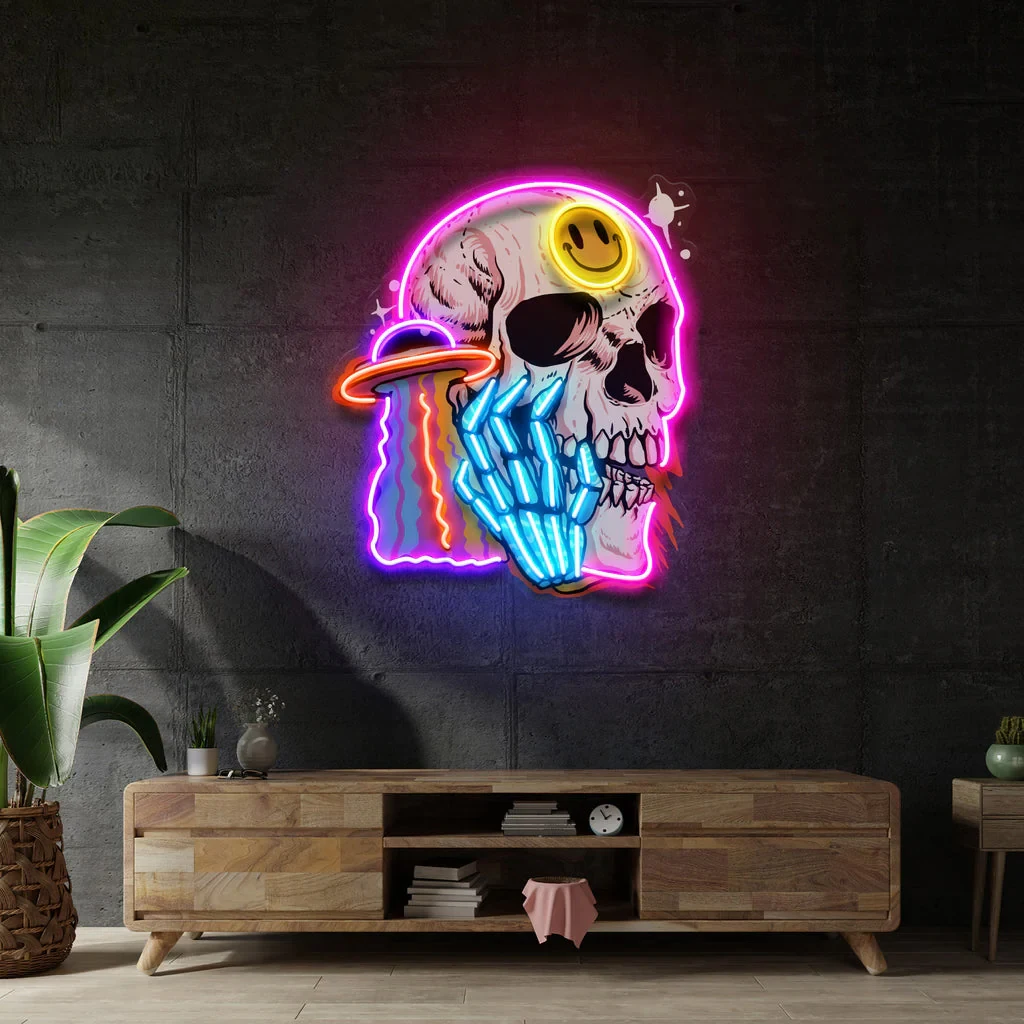 

UFO Skull Neon Sign Cloud Flying Saucer Neon Pop Art for Bedroom Home Gaming Room Wall Decor Club Bar Decor