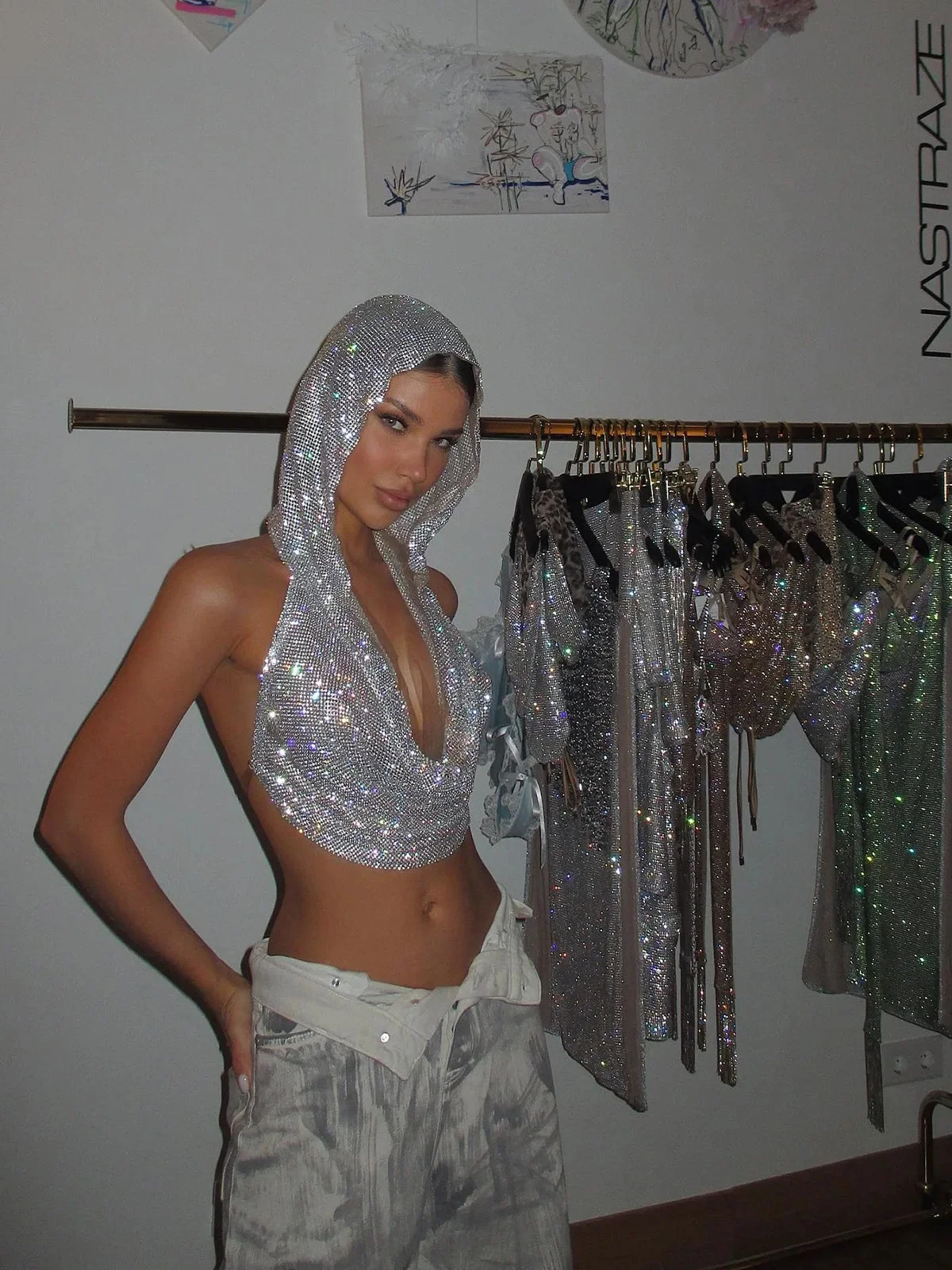 Kobiety Seksowna Siatka Przezroczysta Koszulka Błyszcząca Siatka z kryształkami Hollow Out Crop Top Bez rękawów Plaża Cover Up Party Club Tank Tops — zdjęcie 2