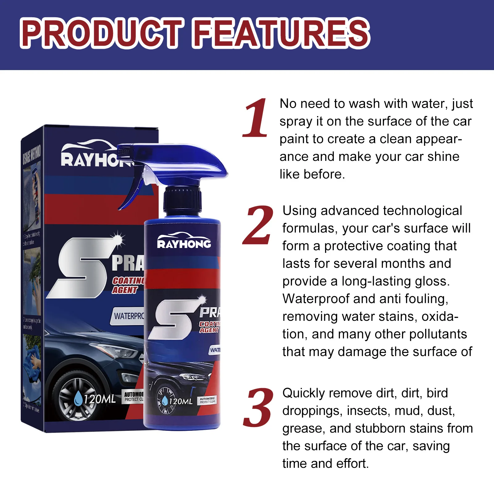 Rayhong 120ml 3 In 1 Car Coating Spray Paint Scratch Repair Dirt Stain Remover Auto Coating Agent Car Polish Paint Cleaner Spray