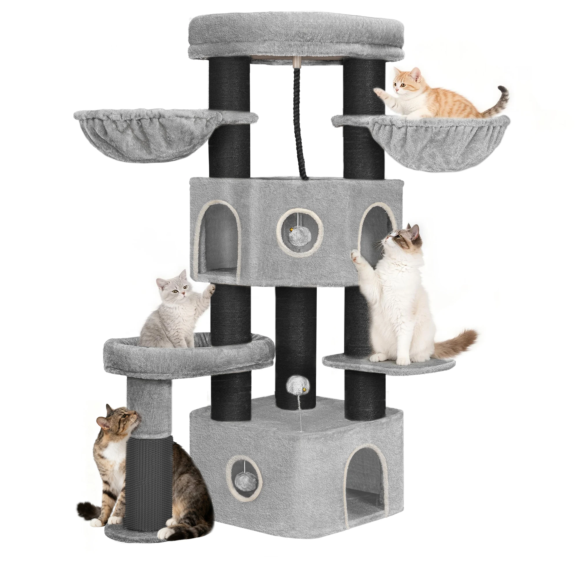 163 cm dikke sisal krabpalen, voor grote katten, 2 holletjes, ruim platform, pluche bal, meerlaags krabpaal, lichtgrijs - afbeelding 1