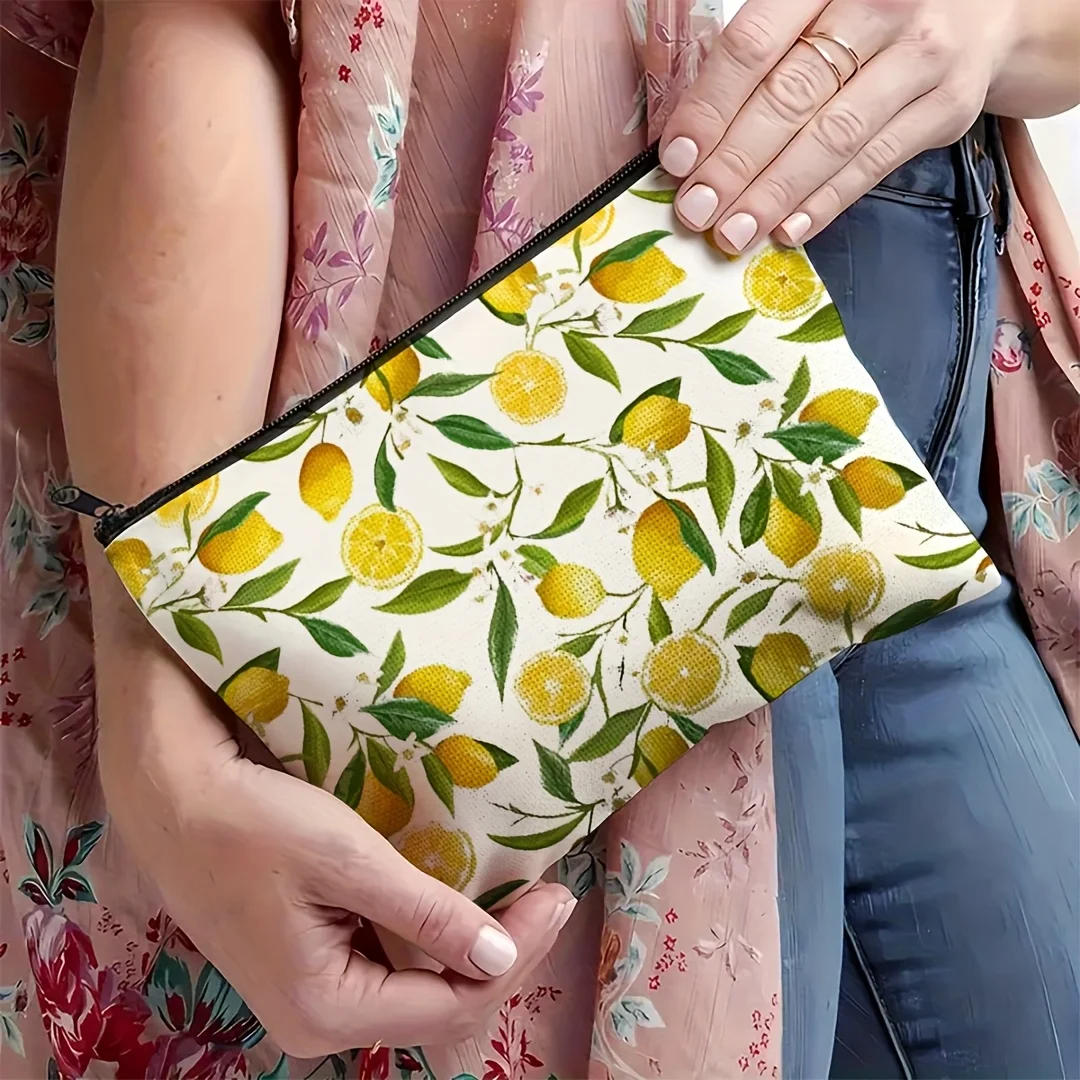 1Pc Spring and Summer Fruit-Themed Cute Lemon Retro Design Multifunctional Travel Makeup Bag, Snack Storage Bag, Stationery Storage Bag, Fashionable Toiletry Bag, Canvas Double-Sided Printed Zipper Pouch