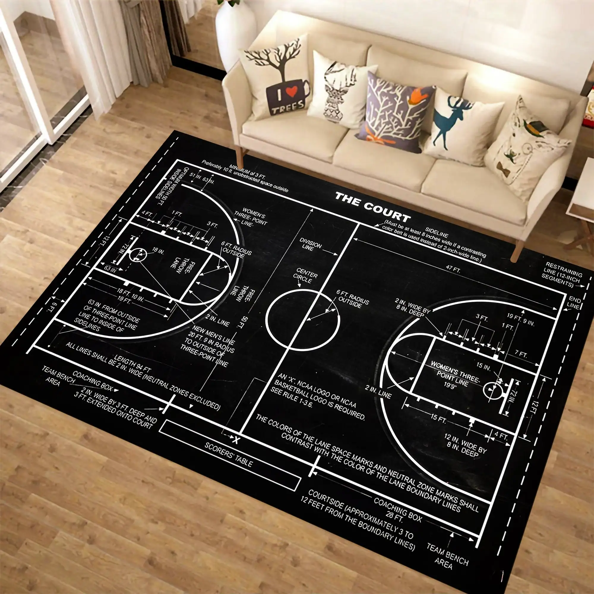 

Basketball Court Basketball Sports Minimalist Popular Black Rug Bedroom Non-Slip Decorative Soft Flannel Home Bedside Carpet