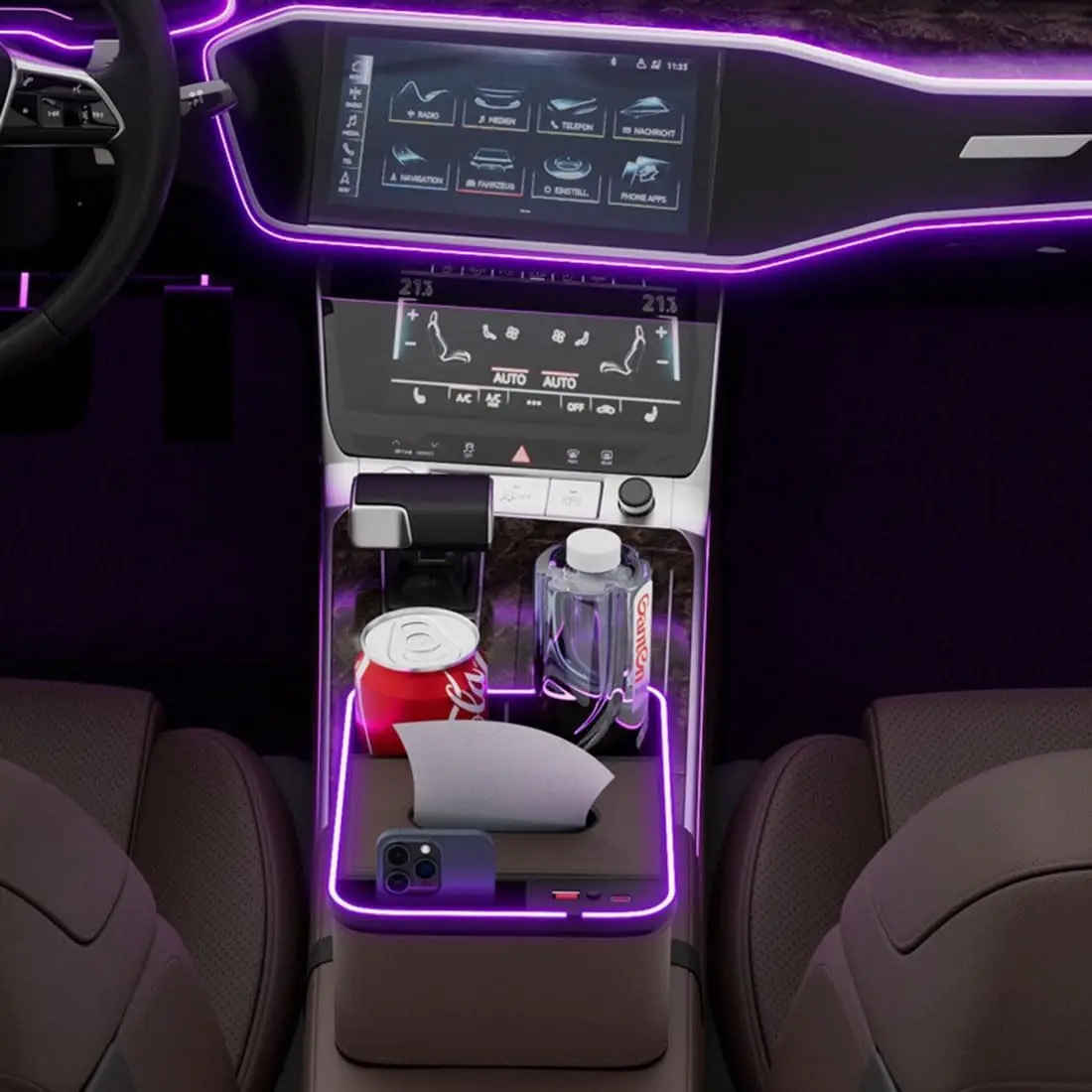 

Автомобильный подлокотник для хранения, универсальное хранилище на центральной консоли, семицветное светодиодное окружающее освещение, подстаканник с быстрой зарядкой для автомобиля