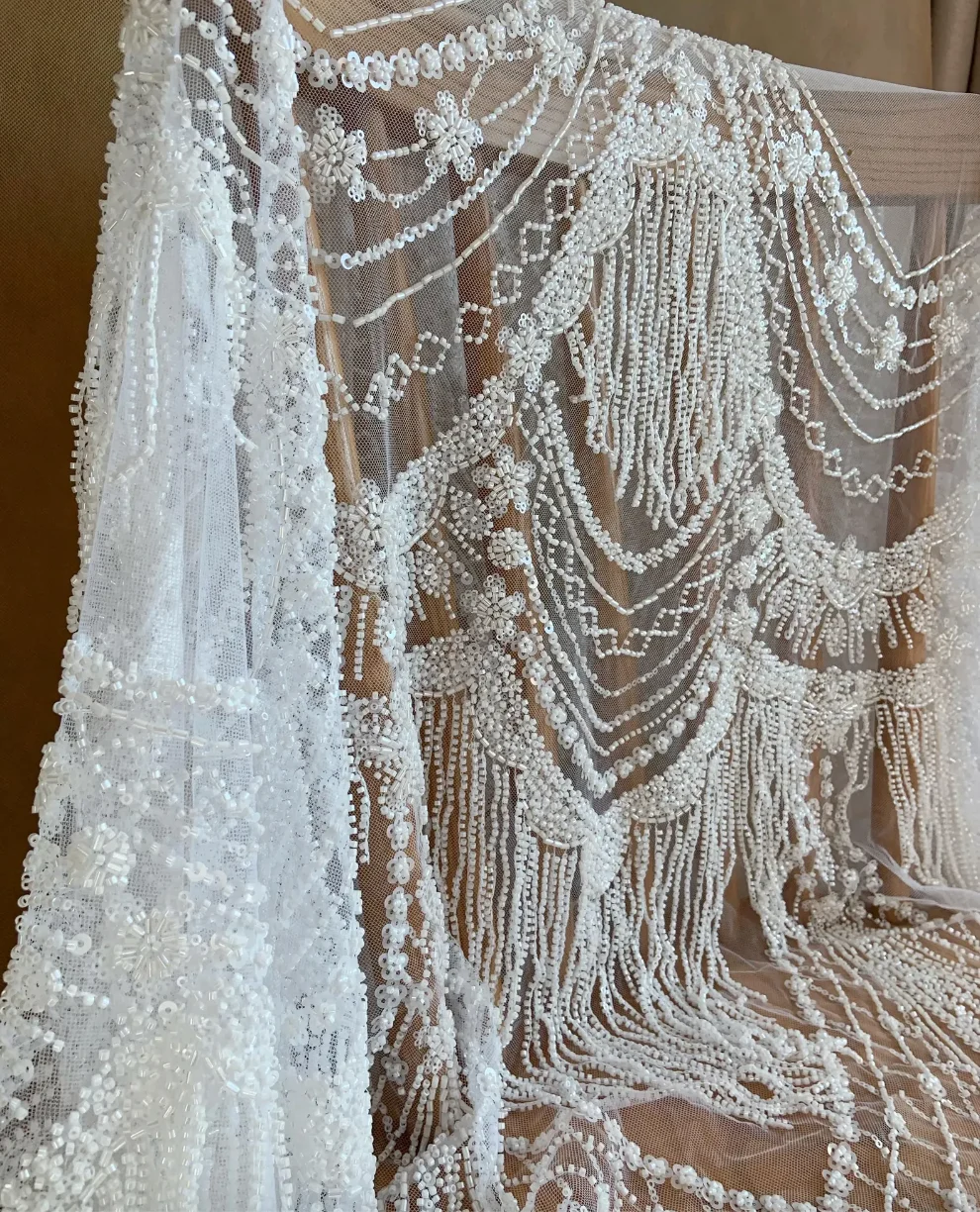 

Белая ткань с бисером и бахромой для платья, плотная тюлевая ткань с 3D-кисточками для свадебного платья, фаты, шитья и рукоделия DIY