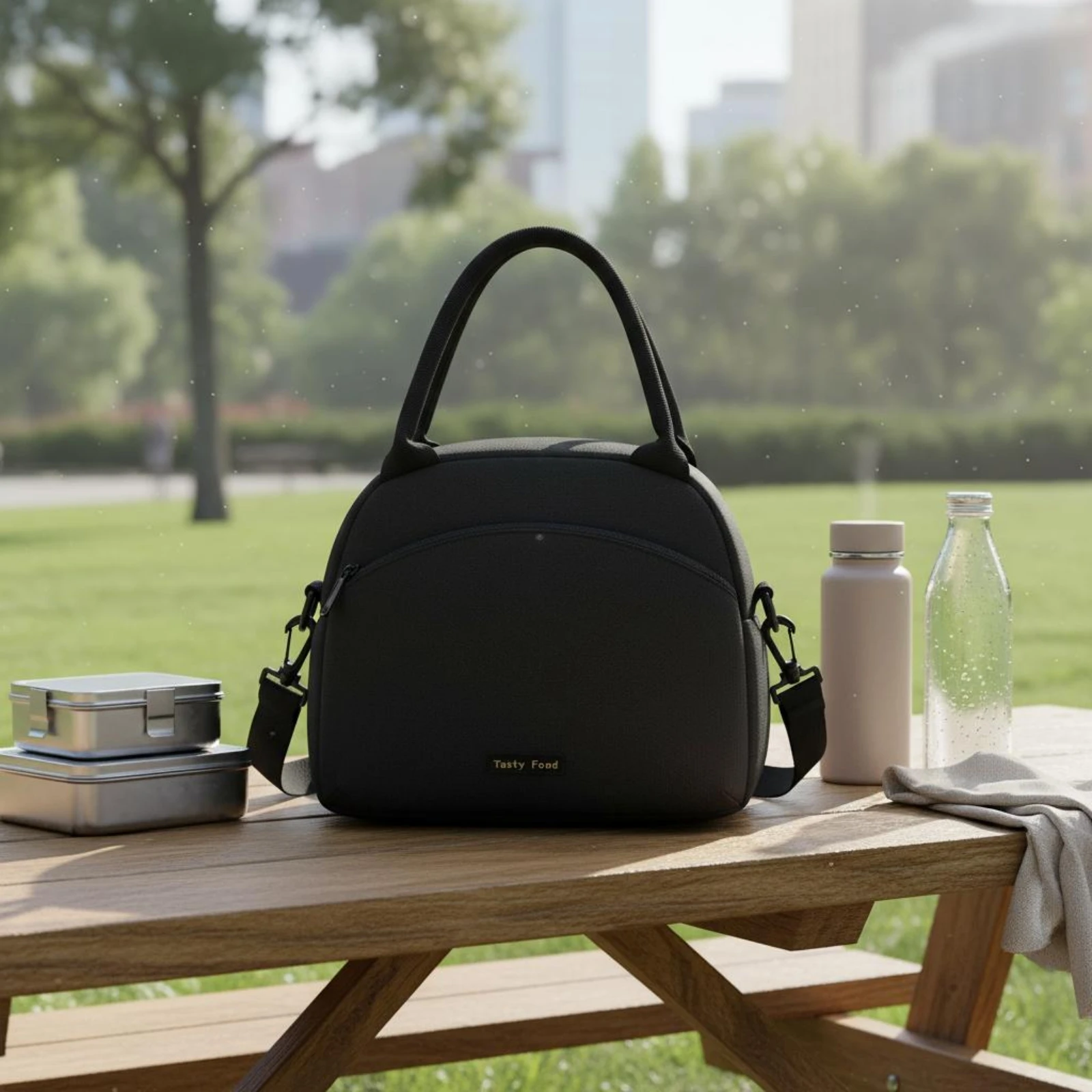 Insulated Lunch Bag Textured Material Food Carrier Shoulder Strap Meal Bag Zippered Lunch Compartment Tote Meal Container