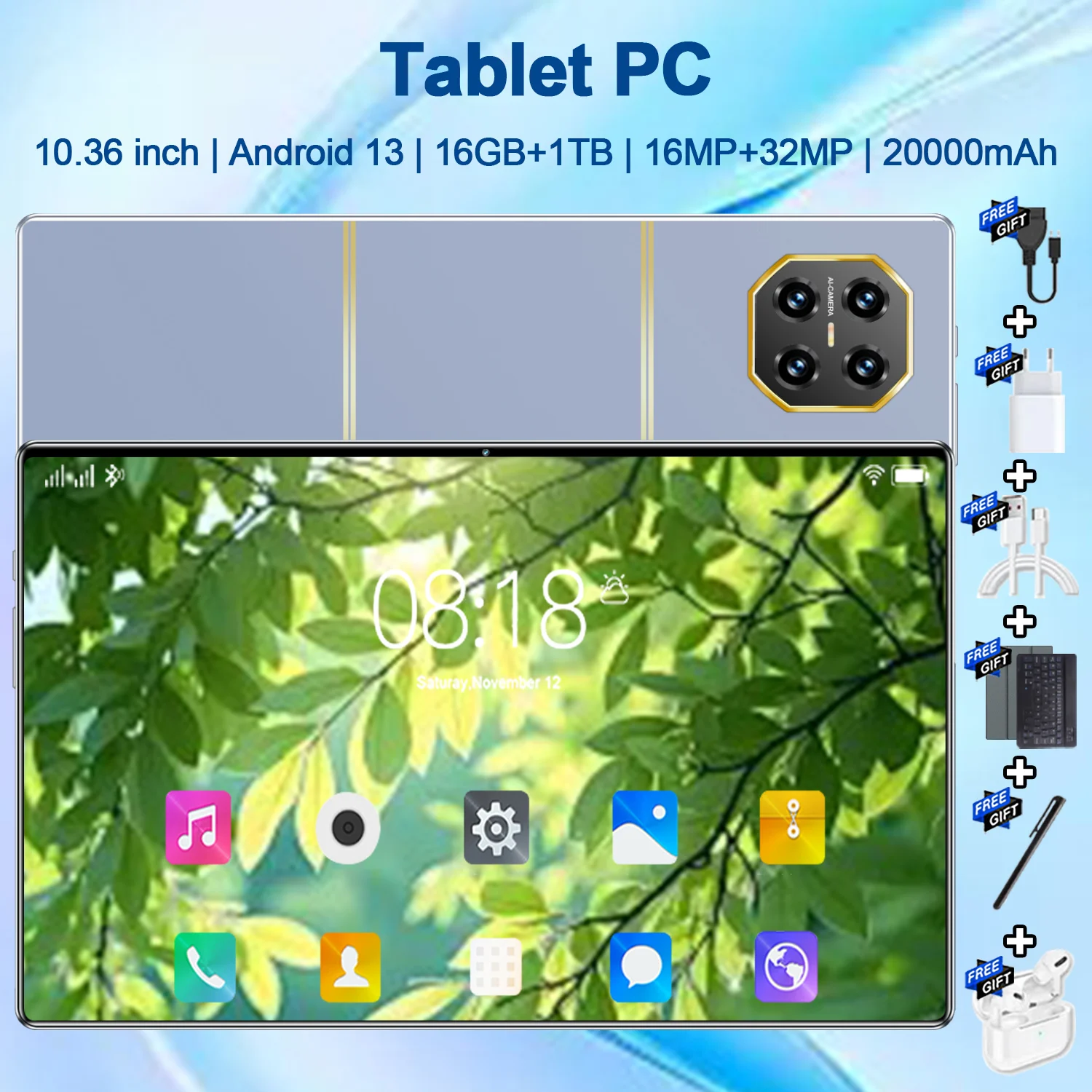 Tablet Android 20000mAh 10.3 pulgadas 5G 16GB RAM 1TB ROM Doble SIM WiFi BT Cámara 16MP+32MP Android 13 14 Núcleos GPS Tablet para Estudio